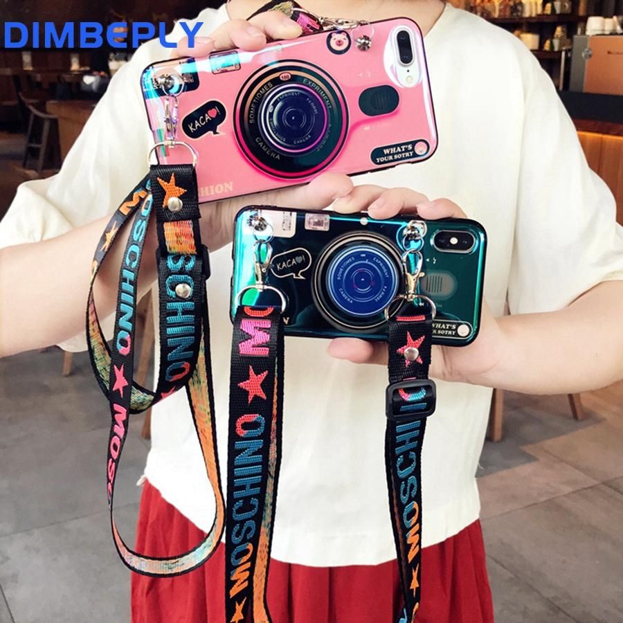 3D Retro Camera Phone Case for Vivo Y11 Y17 Y15 Y12 Y91C Y91 Y95 Y93 Soft TPU Slicon Back Cover with Lanyard Strap + Stand Holder Casing For VIVO Y53 Y85 Y81 Y55 Y67 Y71 Y75 Y79