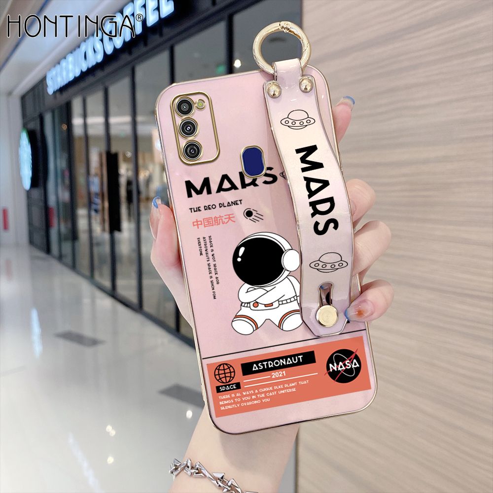 Hontinga for Samsung Galaxy M21 / M30S Back Cover With Wristband Luxury 6D Plating Cute Space Astronaut  Case Soft Silicone Square Phone Cases