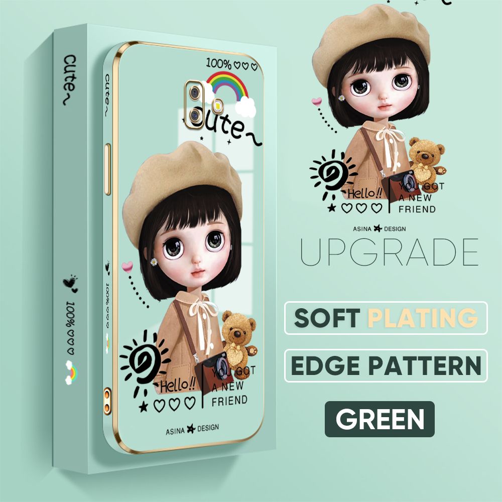 Jizetin (Free Lanyard) Samsung Galaxy J6 Plus 2018 / J6 Prime Back Cover Fashion Girl Luxury 6D Plating Case Side Pattern Soft Silicone Square Phone Cases