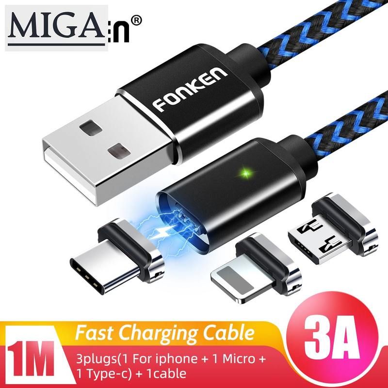 1M 3 in 1(Micro USB +Type C+For iPhone) Plug Magnetic Cable Sync Data Transfer QC3.0 Quick Charger Wire Magnet Fast Charging Phone