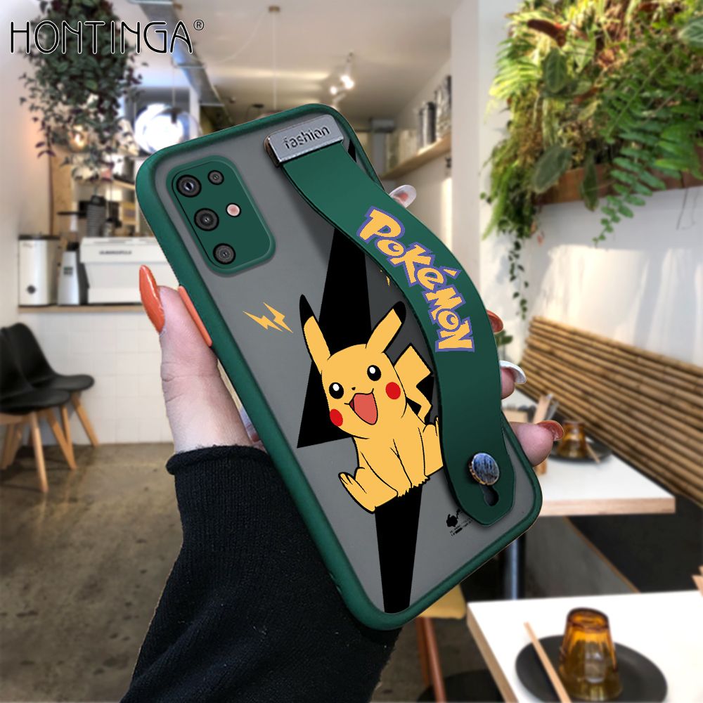 Hontinga for Samsung S20 Plus Back Cover With Wristband Cartoon Pikachu Phone Casee Full Lens Protection Thin Frosted Cases