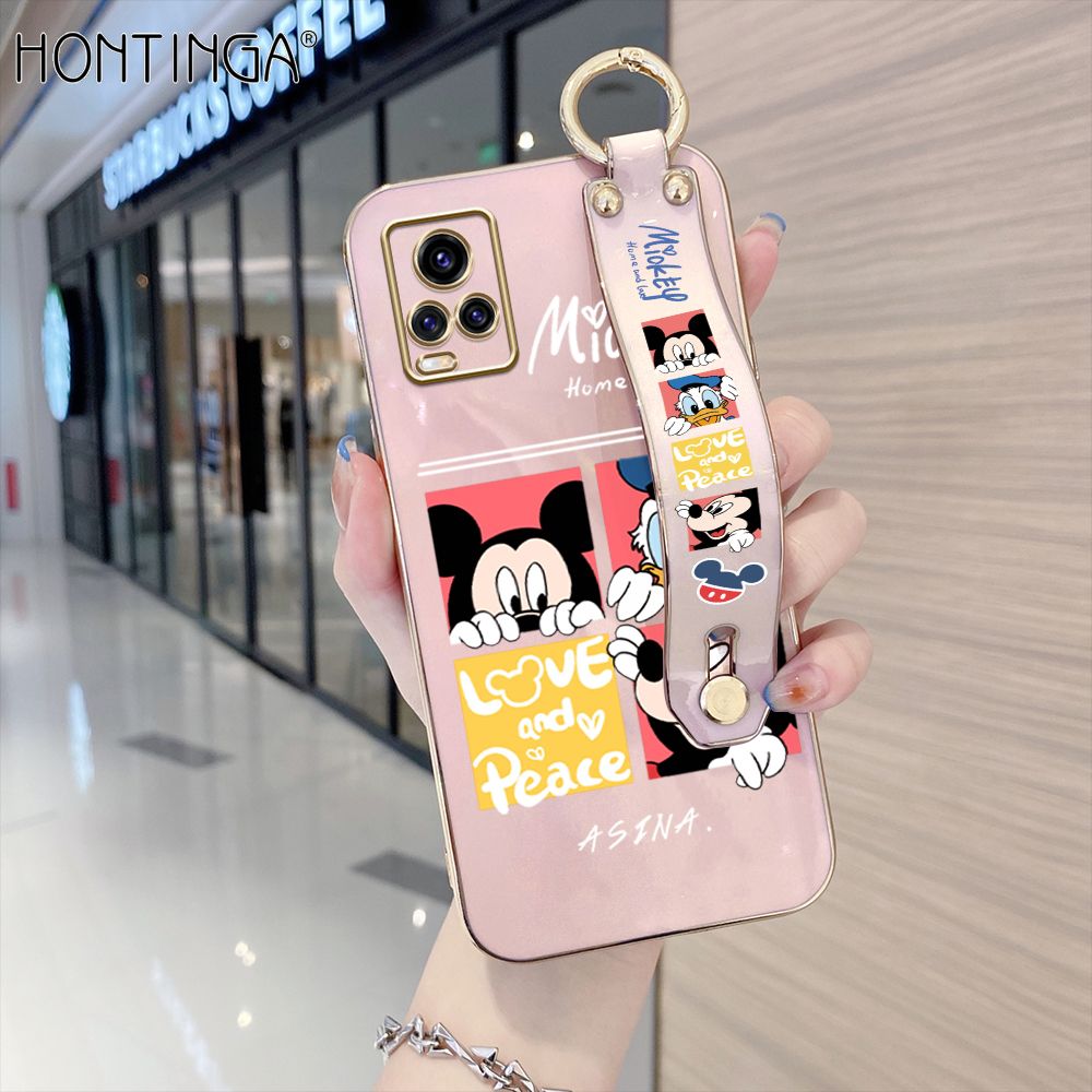 Hontinga for Vivo V20 Pro Back Cover With Wristband Luxury 6D Plating Cartoon Case Soft Silicone Square Phone Cases