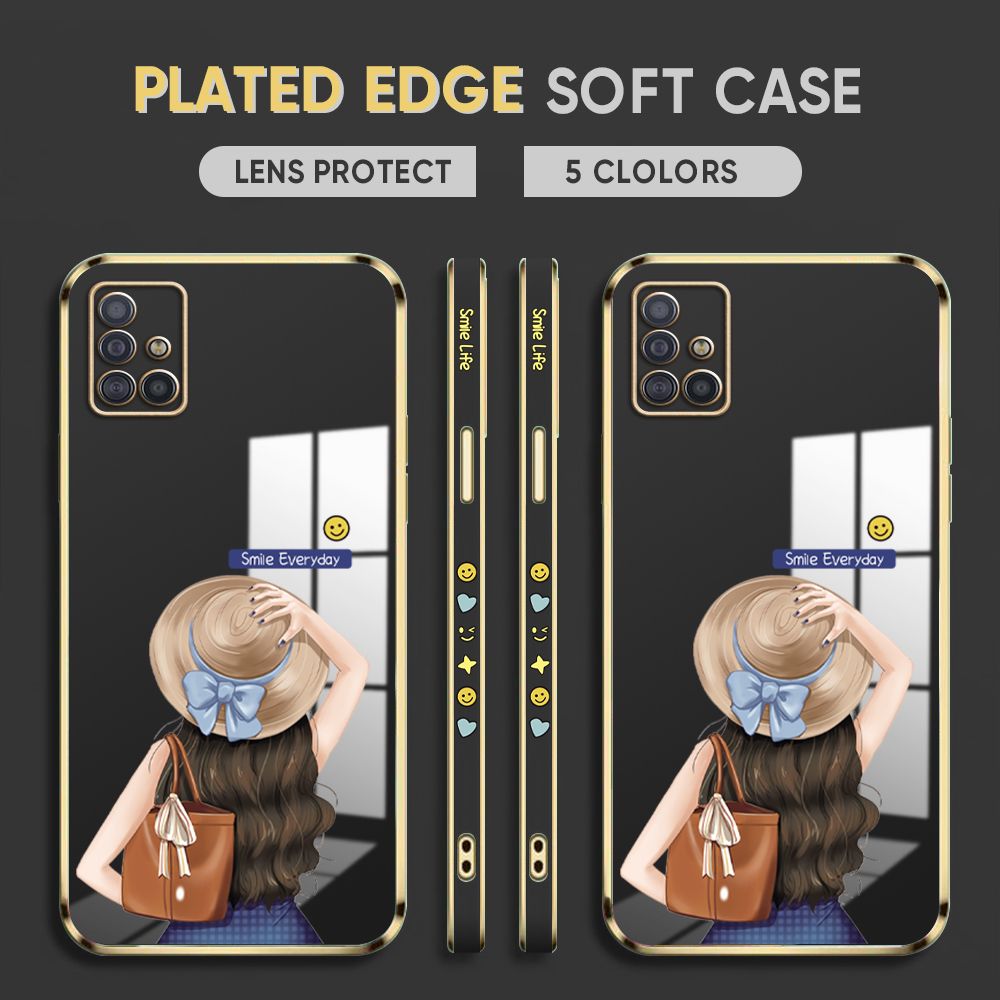 Luxury 6D Plating Case for Samsung Galaxy A51 4G Back Cover Cartoon Hat Girl Side Pattern Soft Silicone Square Phone Cases