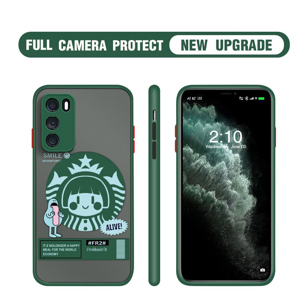 Hontinga for Huawei P40 Case Cute Coffee Girl Camera Shockproof Protection Casing Edge Frosted Transparent Phone Cover