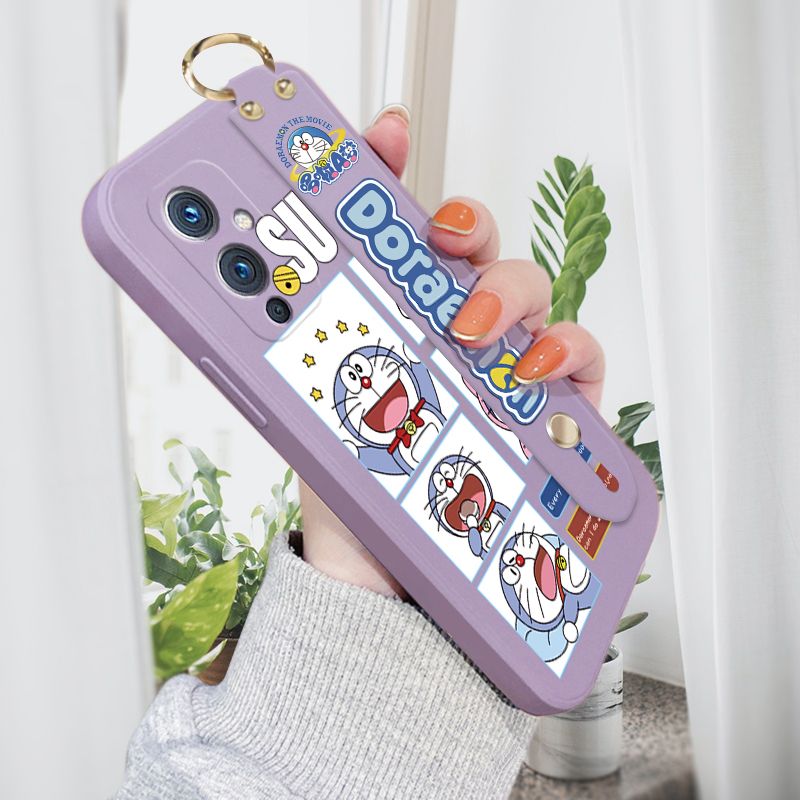 Jizetin for OnePlus 9 Wrist Strap Case Creative Cartoon Doraemon's Daily Life Cover Ultra Thin Anti Fall Liquid Silicone Phone Case