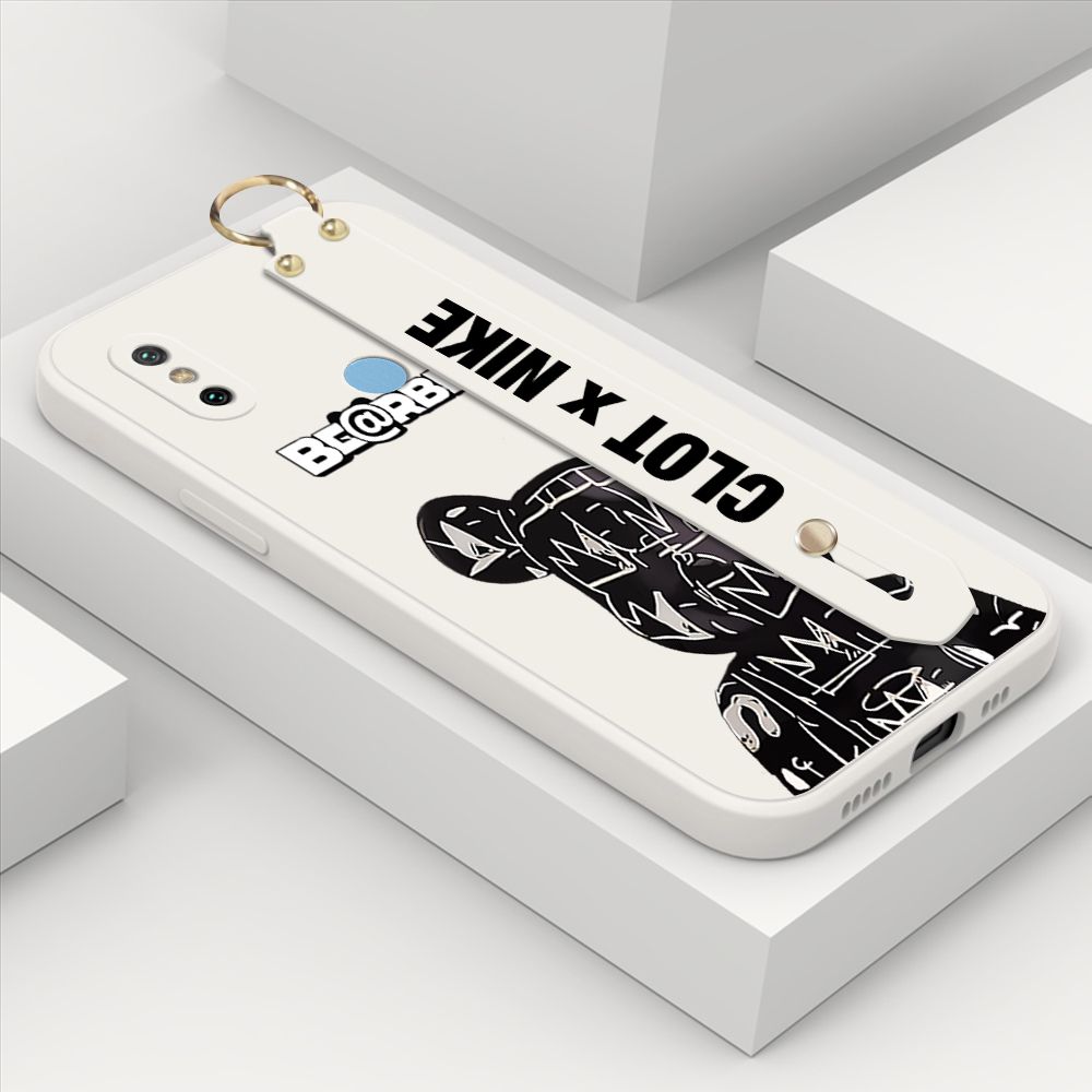 ZeroQiQi for Xiaomi Mi 6X Wrist Strap Case Fashion Black Brand Bear Phone Case Square Edge Liquid Silicone Cases Full Cover Camera Shockproof Protection Cases