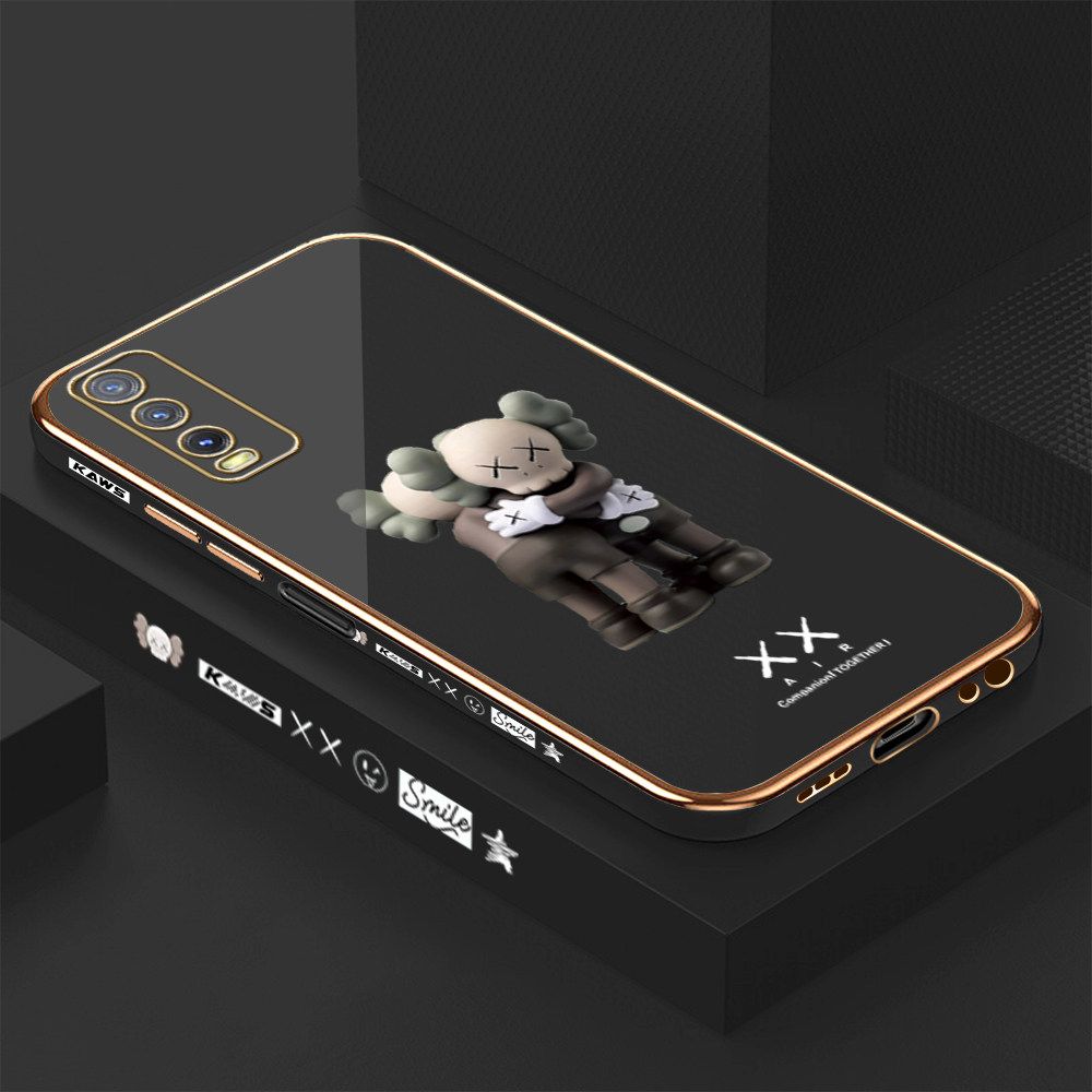 Luxury 6D Plating Case for Vivo Y20SG Embrace Cartoon Bear Side Pattern Back Cover Soft Silicone Square Frame Shiny Bling Phone Cases + Free Lanyard