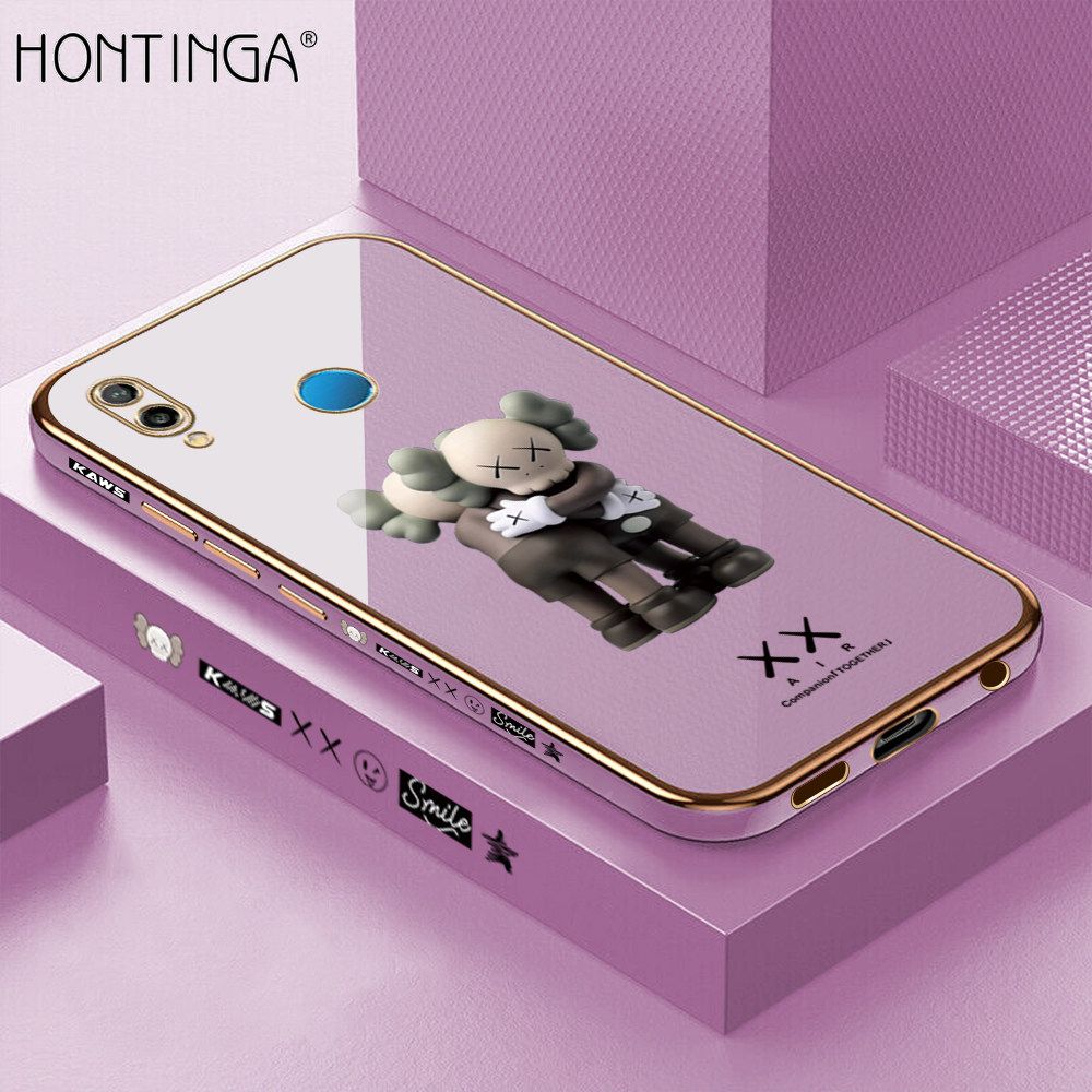 Hontinga for Huawei Nova 3E Case Luxury 6D Plating Soft Casing Silicone Square Frame Phone Cases Shiny Bling Side Print Cartoon Hug bear Phone Cover