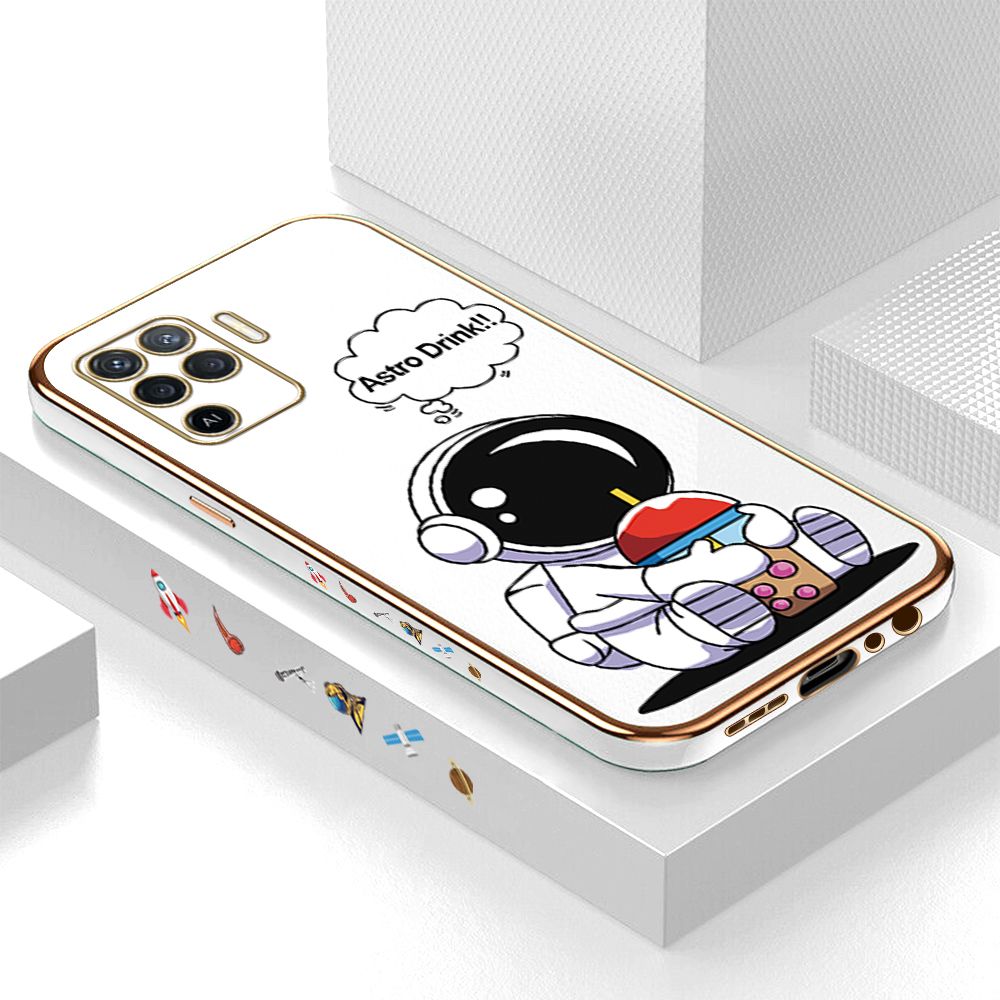Luxury 6D Plating Case for OPPO F19 Pro A94 Cute Cartoon Happy Astronaut Side Pattern Back Cover Soft Silicone Square Phone Cases + Free Lanyard