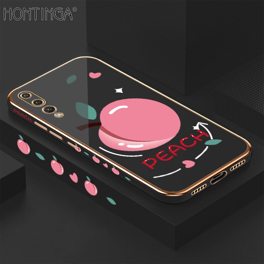 Hontinga for Huawei P20 Pro Case Luxury 6D Plating Soft Casing Silicone Square Frame Phone Cover Shiny Bling Side Print Cartoon Simple Peach Cases