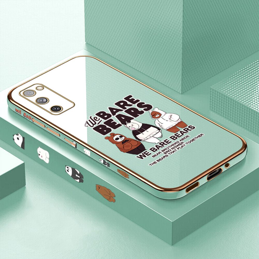 Luxury 6D Plating Case for Samsung S20 FE 5G Three Little Bears Side Pattern Back Cover Soft Silicone Square Phone Cases + Free Lanyard