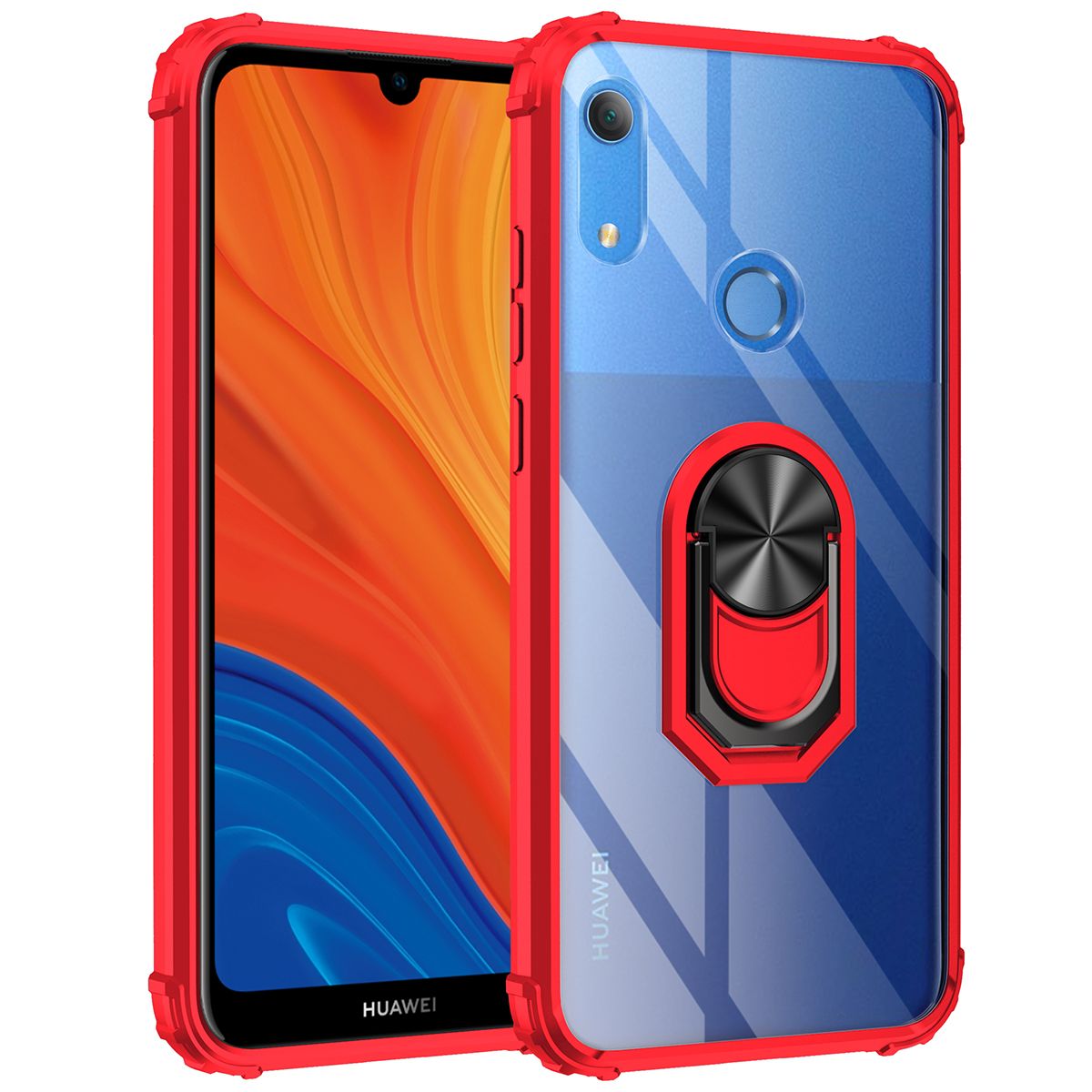 For Huawei Y6 2019 Case Hybrid Case with Ring Holder Stand Transparent Acrylic Hard Back Gel TPU Bumper Rugged Shockproof Protective Cover