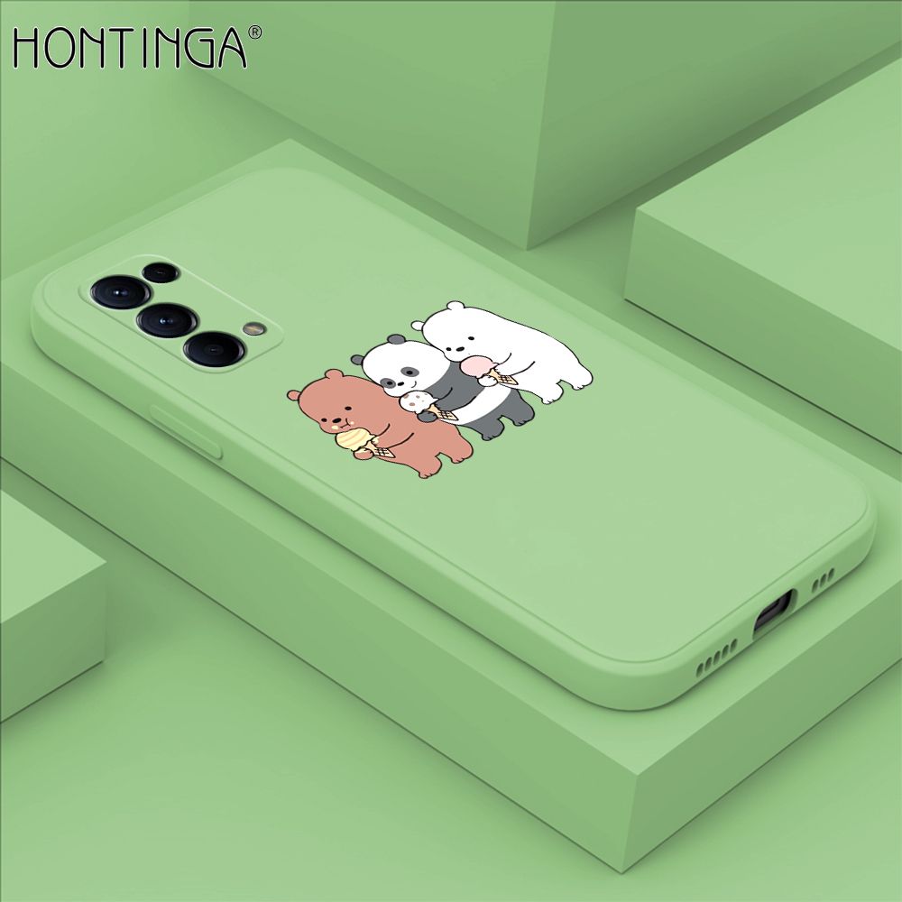 Hontinga for OPPO Reno 5 Pro 5G Case Cute Cartoon Bear  Phone Case Soft Square Edge Silicone Cases Full Lens Cover Shockproof Protection Cover