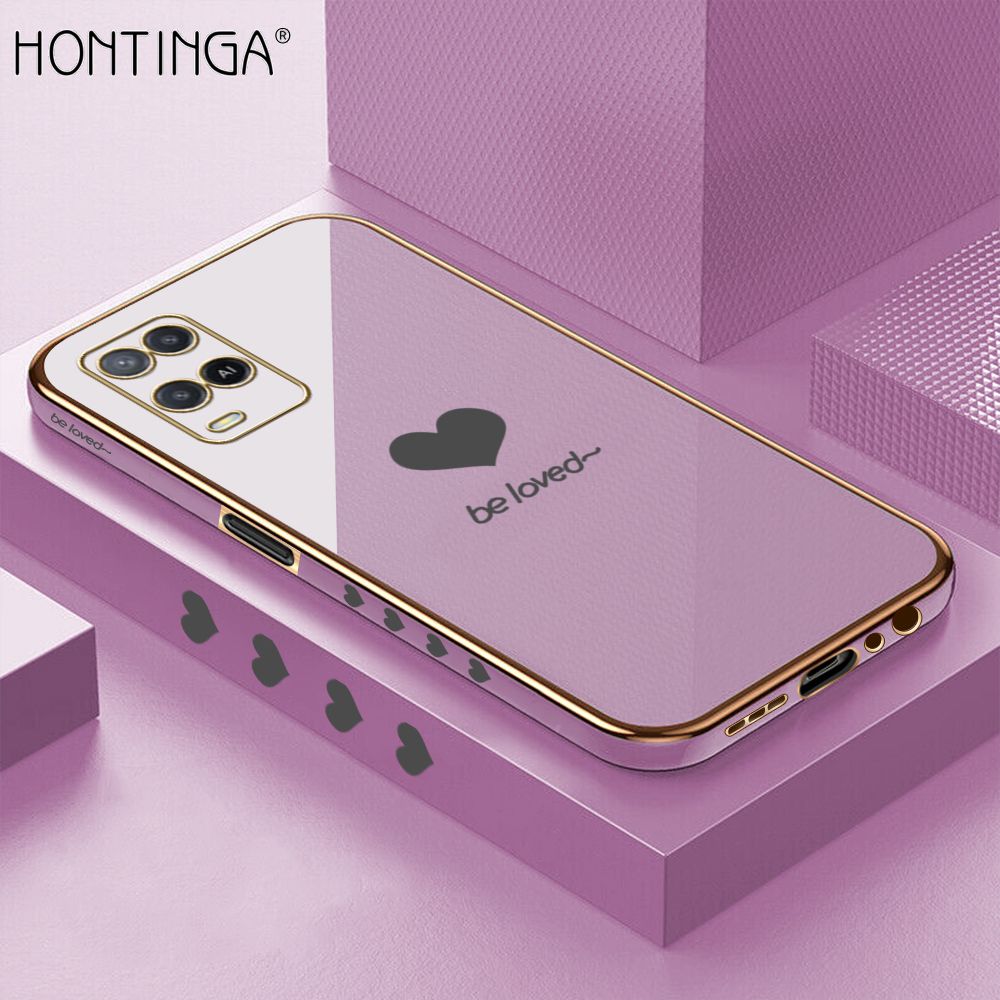 Hontinga for OPPO A54 / A54 2021 Case Luxury 6D Plating Lover Heart Side Pattern Soft Back Cover Silicone Square Phone Cases