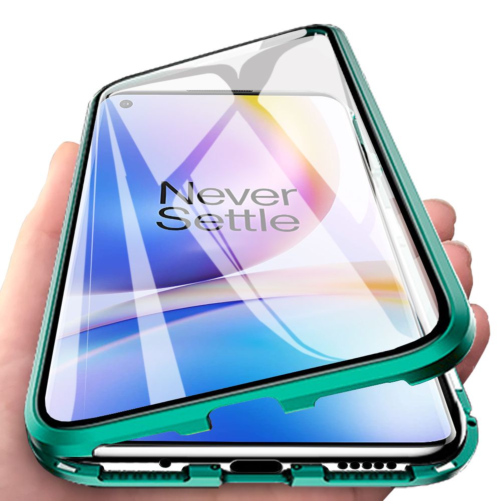 For OnePlus 8 Pro Casing 360° Full Body Transparent Tempered Glass with Magnetic Adsorption Metal Bumper Case Cover