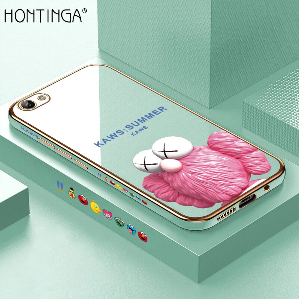 Hontinga for Vivo Y65 Luxury 6D Plating Soft Casing Silicone Square Frame Phone Case Shiny Bling Back Cover Pink Doll Side Pattern Case