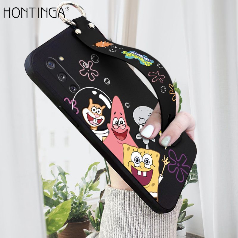Hontinga for Samsung Galaxy Note 10 Wrist Strap Case Cute Cute Funny Cartoon Sponge for Square Pants Cover Square Edge Liquid Silicone Anti-drop Phone Case