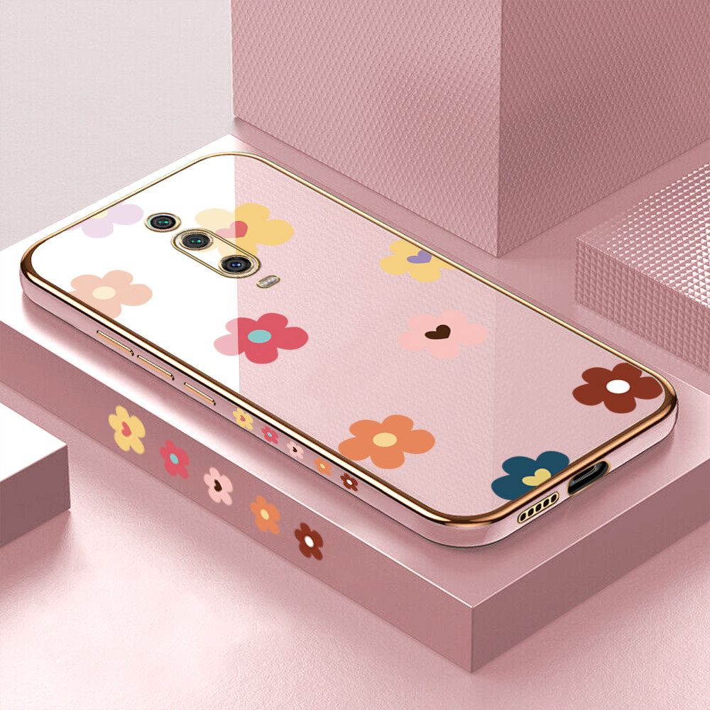 Luxury 6D Plating Case for Xiaomi 9T Color Cartoon Flowers Side Pattern Back Cover Soft Silicone Square Frame Shiny Bling Phone Cases + Free Lanyard