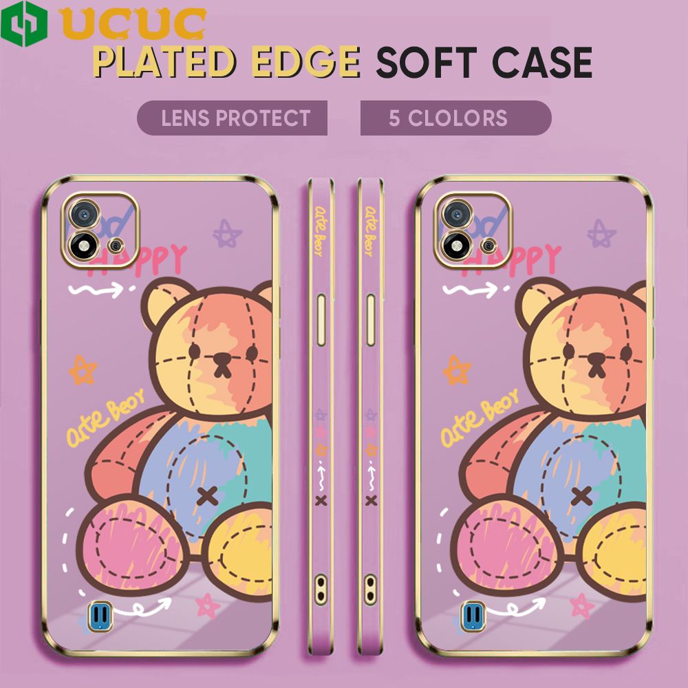 UCUC for Realme C11 2021 / Realme C20 / Realme C20A Back Cover + Free Lanyard Colorful Muppet Bear Luxury 6D Plating Case Side Pattern Soft Silicone Square Phone Cases