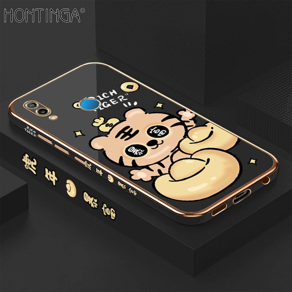 Hontinga for Huawei Nova 3E Back Cover Luxury 6D Plating Cartoon Get Rich Side Pattern Caese Soft Silicone Square Phone Cases