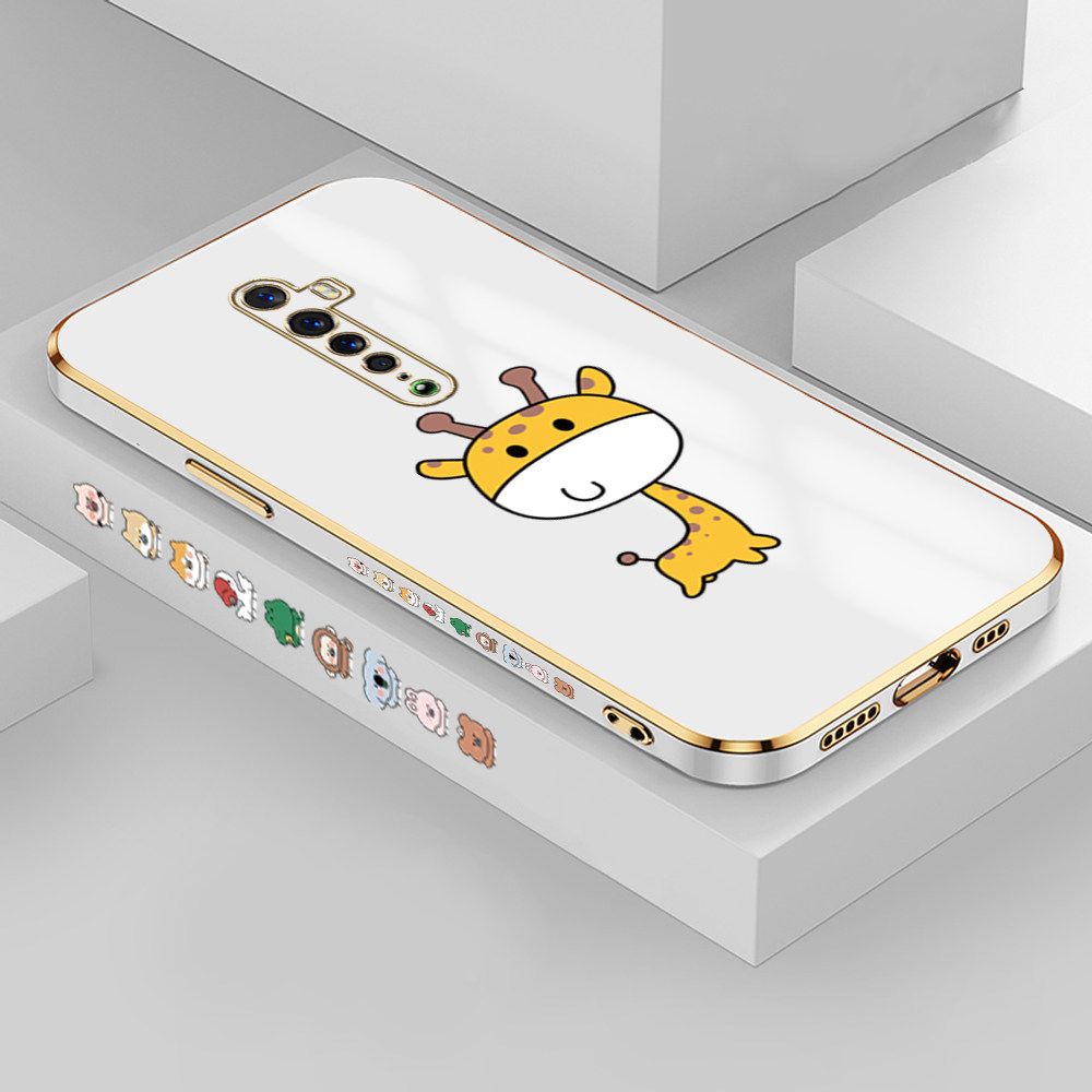 Jizetin (Free Lanyard) OPPO Reno 2 Case Cute Cartoon Big Head Giraffe Luxury 6D Plating Soft Casing Silicone Ultra Thin Phone Cover