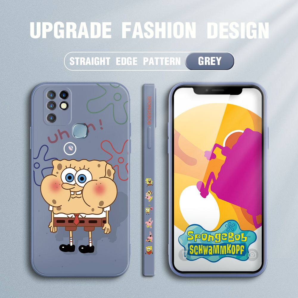Jizetin for Infinix Hot 10 Case Side Design Phone Cover New Cartoon SpongeBob SquarePants Cover Square Edge Pattern Liquid Silicone Trend Case