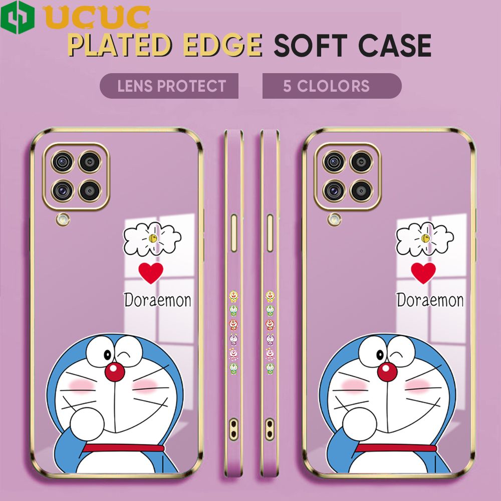 UCUC for Samsung Galaxy M62 F62 Back Cover + Free Lanyard Sneak Doraemon Luxury 6D Plating Case Side Pattern Soft Silicone Square Phone Cases