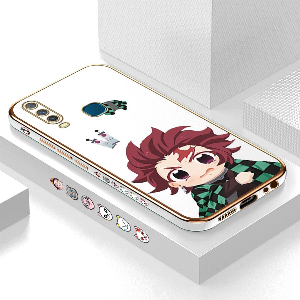 Luxury 6D Plating Case for Vivo Y15 Cartoon Anime Tanjirou Side Pattern Back Cover Soft Silicone Square Frame Shiny Bling Phone Cases + Free Lanyard
