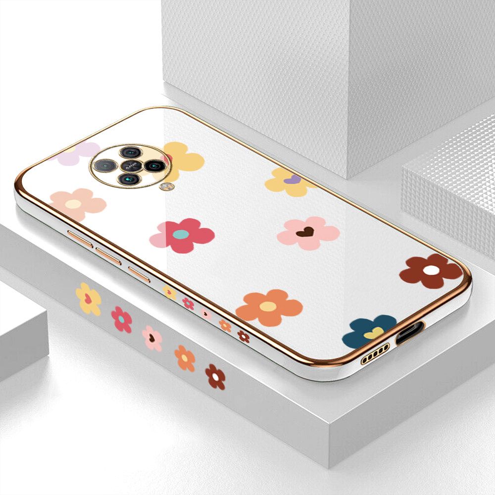 Luxury 6D Plating Case for Redmi K30 Pro Color Cartoon Flowers Side Pattern Back Cover Soft Silicone Square Frame Shiny Bling Phone Cases + Free Lanyard