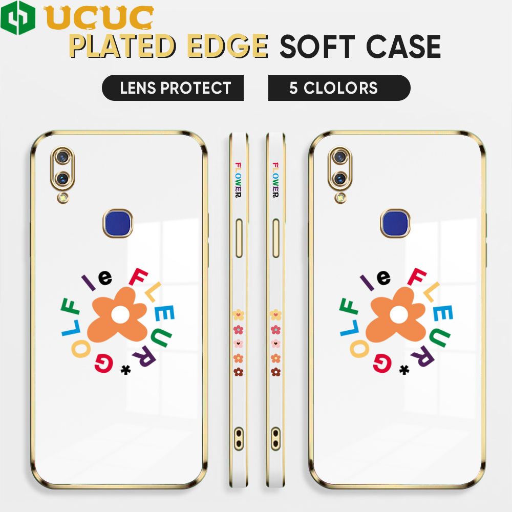UCUC for Vivo V11i Z3 Z3i Back Cover + Free Lanyard Colorful Flower Luxury 6D Plating Case Side Pattern Soft Silicone Square Phone Cases
