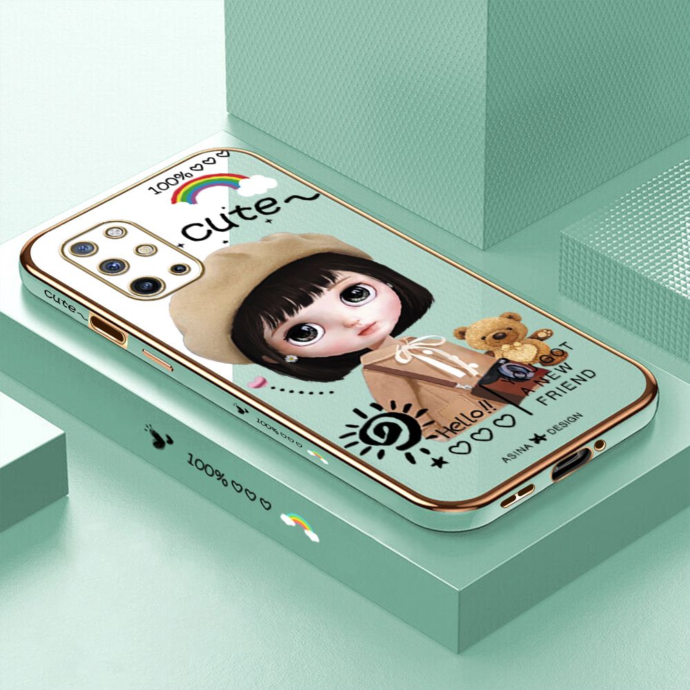 Luxury 6D Plating Case for OnePlus 8T Cute Satchel Girl Side Pattern Back Cover Soft Silicone Square Phone Cases + Free Lanyard