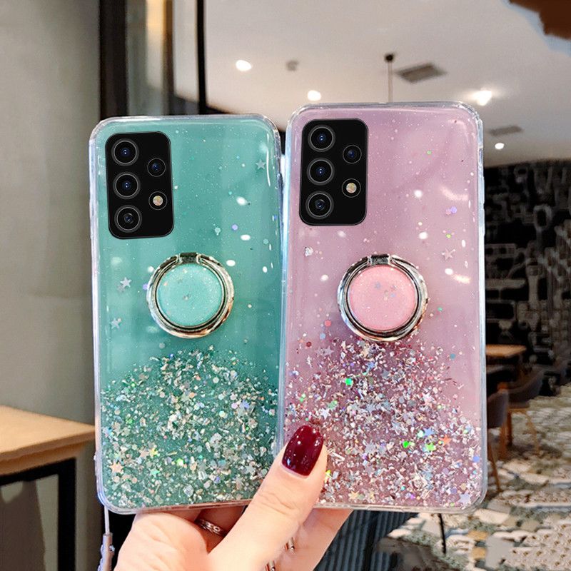 Phone Case Samsung Galaxy M32 5G Shiny Ring Case Glitter Stars and sun Soft Transparent Holder Stand Cases Samsung M32 5G Back Cover