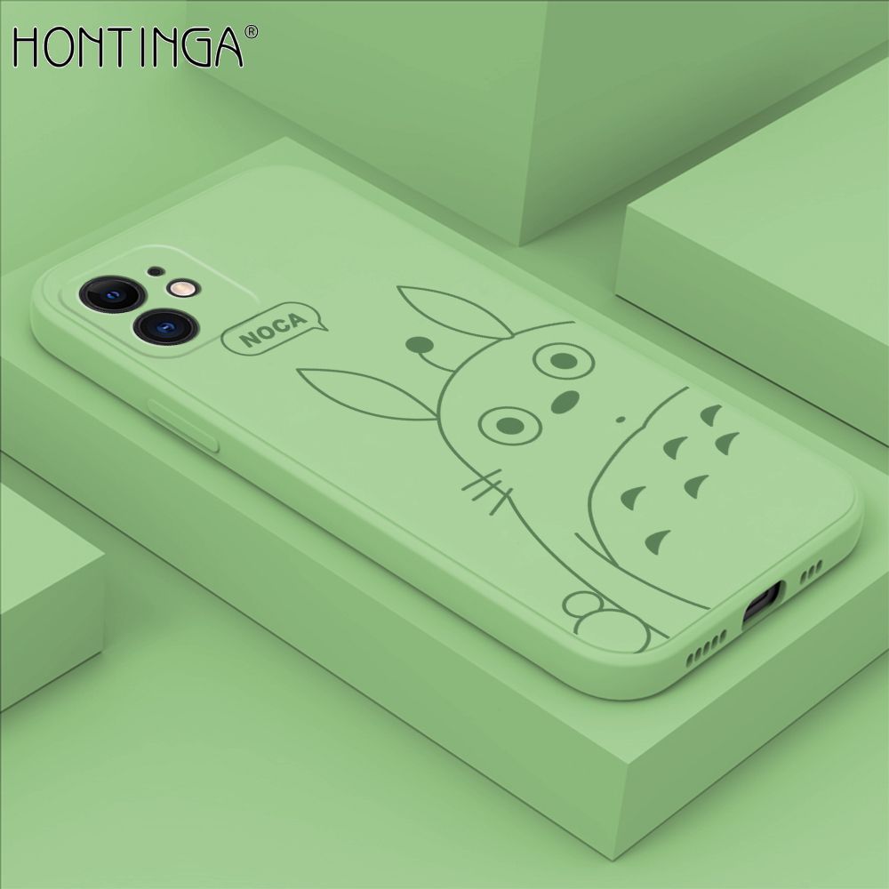 Hontinga for iPhone 12 Case Cartoon Cute Totoro Pattern Back Cover Soft Square Edge Liquid Silicone Phone Cases