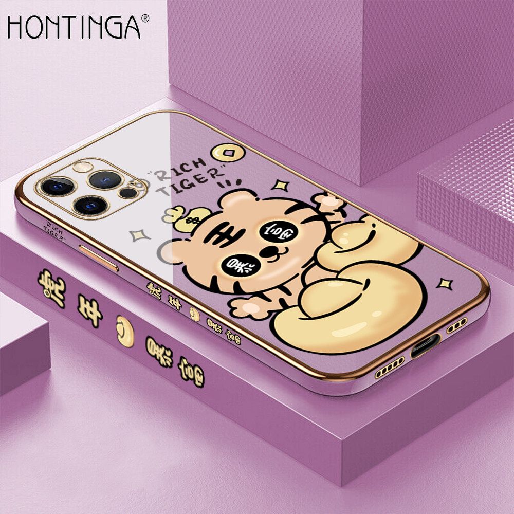 Hontinga for iPhone 12 Pro Back Cover + Free Lanyard Luxury 6D Plating Cartoon Get Rich Tiger Side Pattern Caese Soft Silicone Square Phone Cases