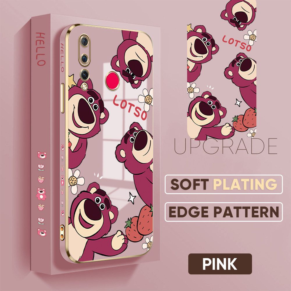 TA for Huawei Nova 4 Back Cover + Free Lanyard Cute Bear Luxury 6D Plating Case Side Pattern Soft Silicone Square Phone Cases