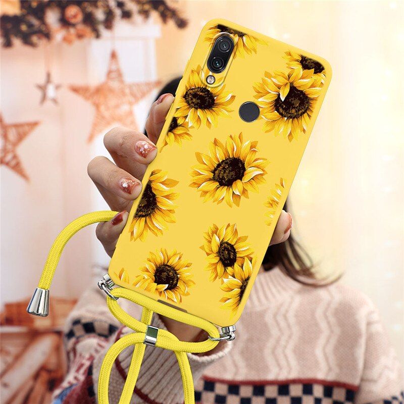 Necklace Lanyard Rope Phone Case For Xiaomi Redmi Note 7 Silicone Soft Cute Dinosaur Flower Cover For Redmi Note 7pro 7s Bumper