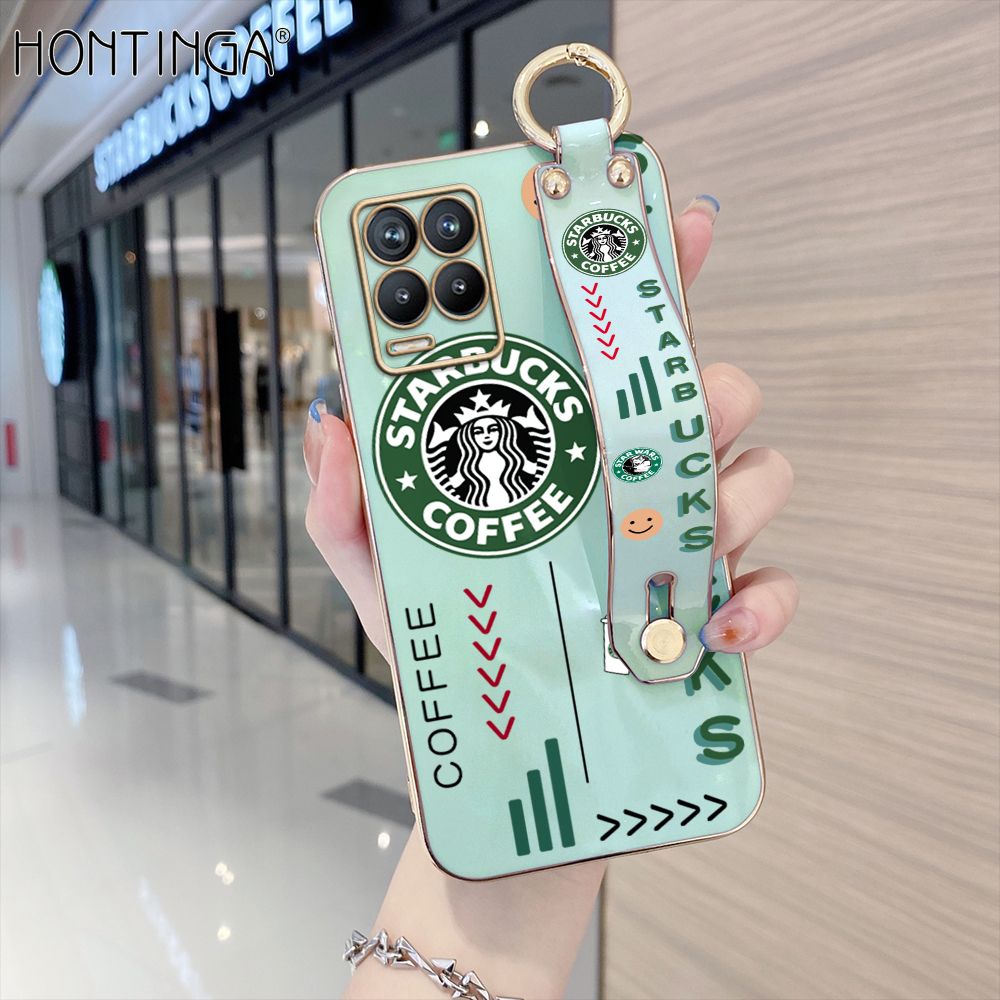 Hontinga for Realme 8 5G Back Cover With Wristband Luxury 6D Plating Coffee Sign Case Soft Silicone Square Phone Cases