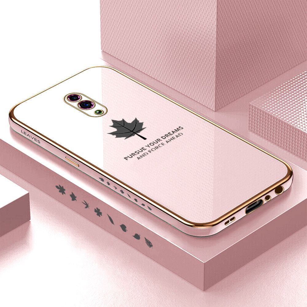 Luxury 6D Plating Soft Casing Silicone Square Frame Phone Case For OPPO Reno Case Shiny Bling Back Cover New Maple Leaf Square Edge Pattern Design Soft Case + Free Lanyard