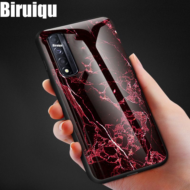Biruiqu For Realme Narzo 30 Shockproof Fashion Marble Tempered Glass Back Case Cover