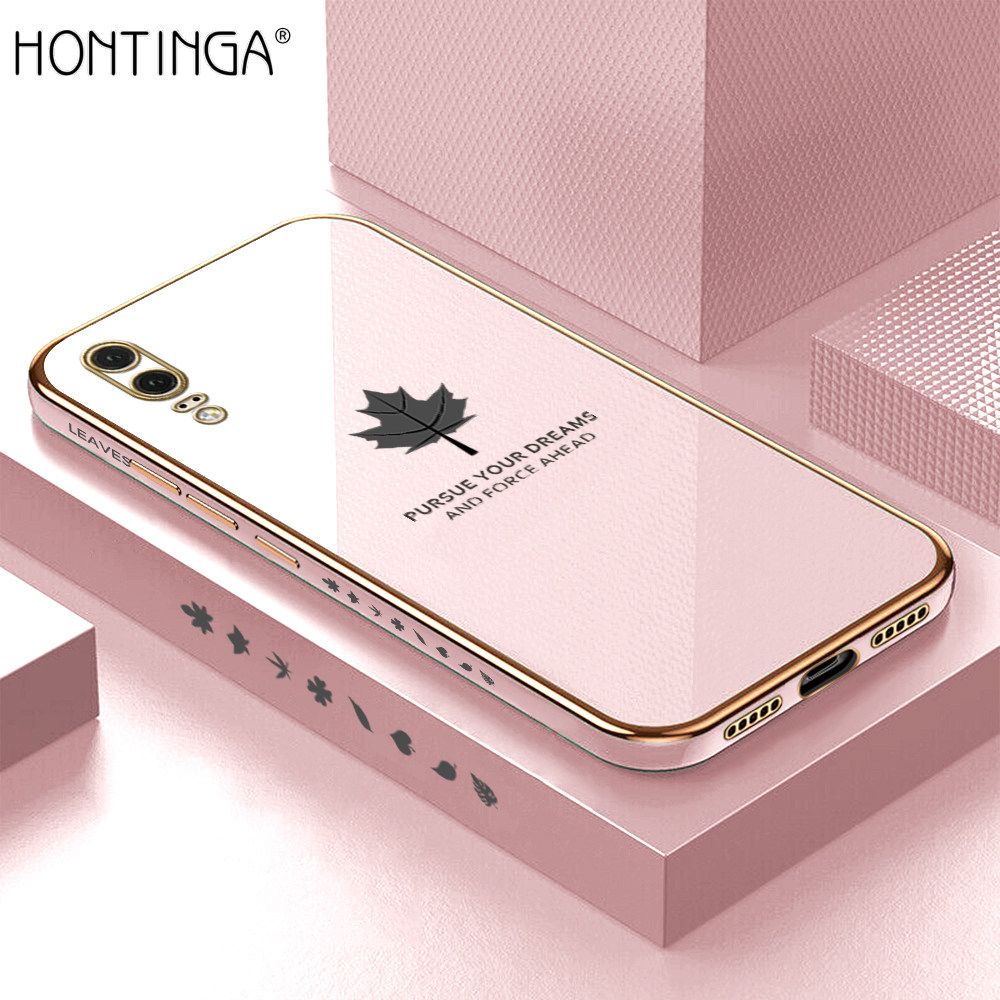 Hontinga for Huawei P20 Back Cover + Free Lanyard Luxury 6D Plating Shiny Maple leaf Phone Case Soft Silicone Square Mobile Cover