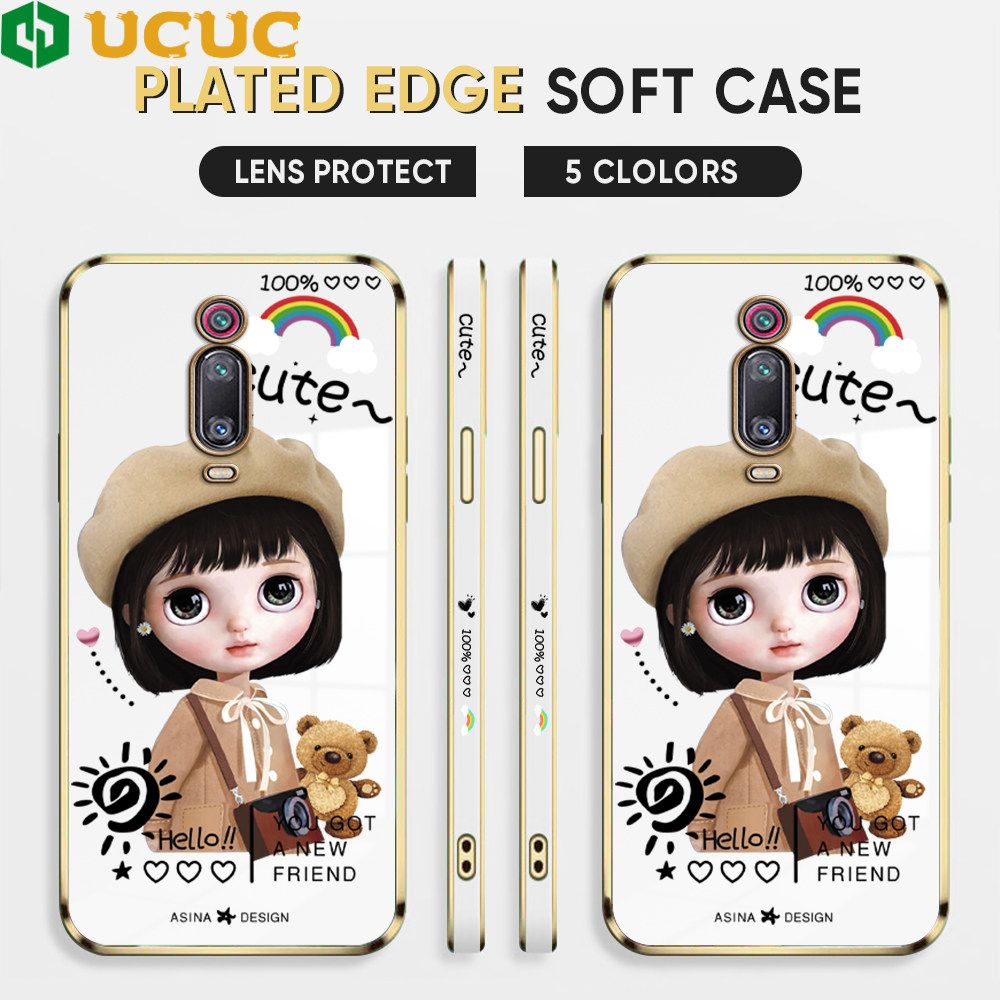UCUC for Redmi K20 Pro / K20 / Xiaomi 9T Back Cover + Free Lanyard Sunshine Girl Luxury 6D Plating Case Side Pattern Soft Silicone Square Phone Cases