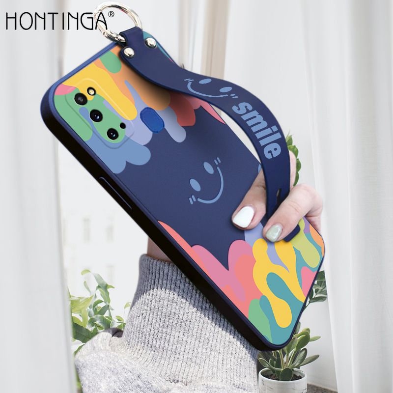 Hontinga for Samsung Galaxy M31 Wrist Strap Case Soft Candy Color Splash Ink Cover Trend Square Printed Pattern Liquid Silicone Phone Case