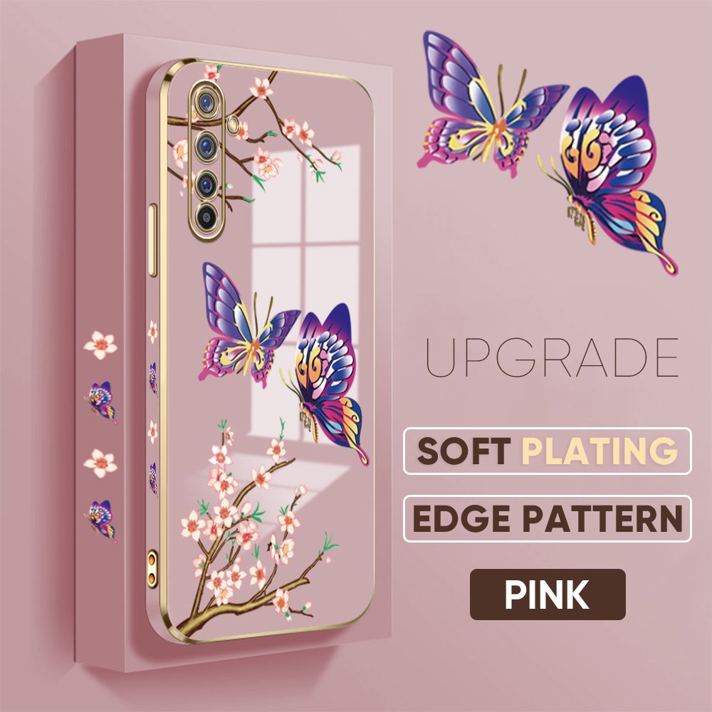 Jizetin (Free Lanyard) Realme 6 Pro Back Cover Peach Blossom and Butterfly Luxury 6D Plating Case Side Pattern Soft Silicone Square Mobile Phone Cases