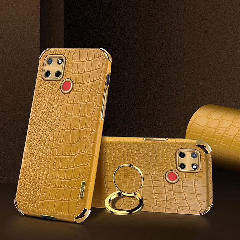 Luxury Plated Crocodile Pattern Leather Holder Phone Case For Realme C12 Magentic Car Ring Stand Cover