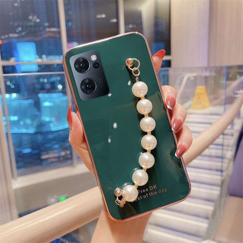Case For OPPO Reno 7 Pro Soft Back Cover Transparent Plating Electroplating Shiny Cases + Pearl Bracelet for OPPO Reno7 Pro Cover Back Cover