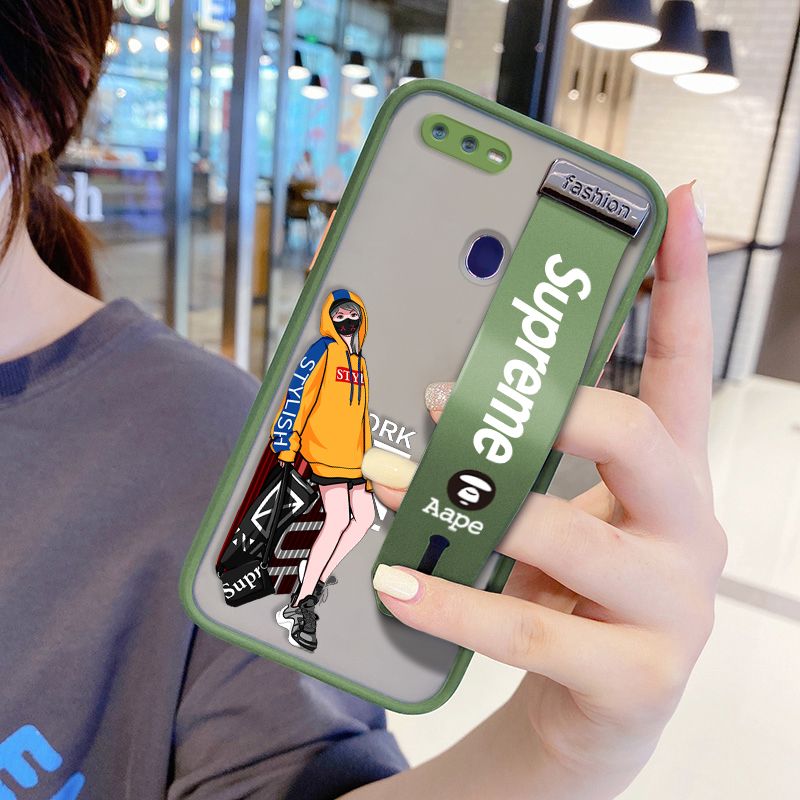 UCUC for OPPO F9 Wrist Strap Case Creative Cartoon Handsome Girl Wristband Printing Cover Shockproof Frosted Phone Case