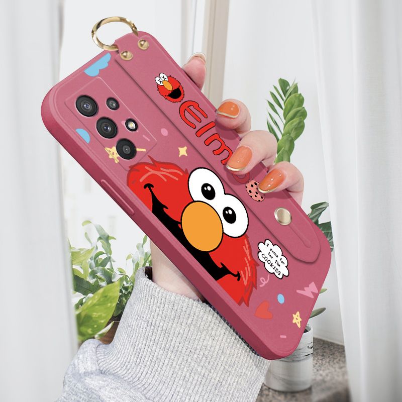 Jizetin for Samsung Galaxy A32 Wrist Strap Case Creative Cartoon Red Haired Monster Cover Ultra Thin Anti Fall Liquid Silicone Phone Case