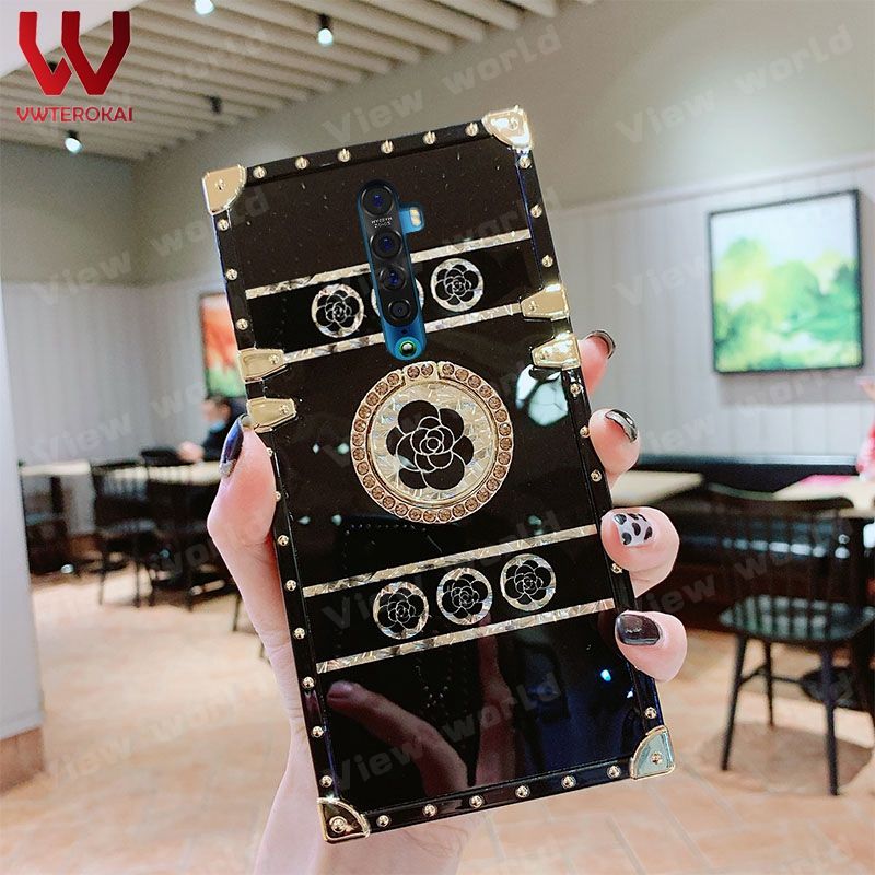 For OPPO Reno 2 Reno 10X Reno2 F/Reno2 Z Reno 3 Reno 4 Reno 4 Pro Reno 5 Reno 5 Pro Realme C20 Realme C21 Fashion Luxury Style Retro PU Leather Phone Case with Rivet Glitter Ring Stand Holder Square Frame Back Cover
