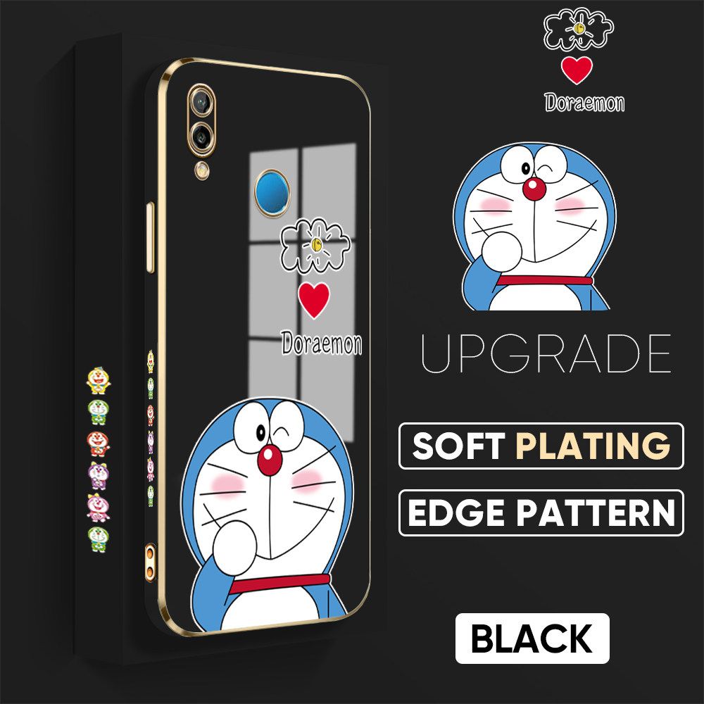 UCUC for Huawei P20 Lite / Nova 3E Back Cover + Free Lanyard Sneak Doraemon Luxury 6D Plating Case Side Pattern Soft Silicone Square Phone Cases