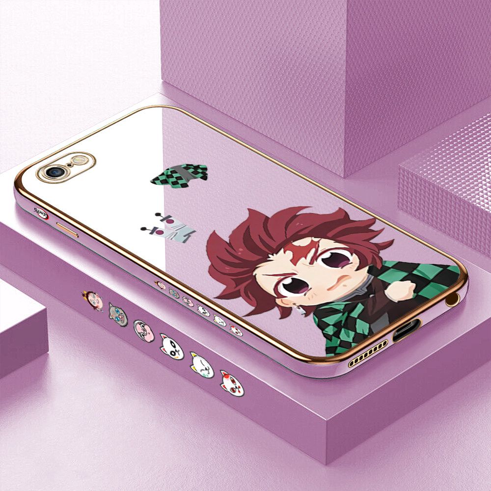 Luxury 6D Plating Case for iPhone 6S Cartoon Anime Tanjirou Side Pattern Back Cover Soft Silicone Square Frame Shiny Bling Phone Cases + Free Lanyard